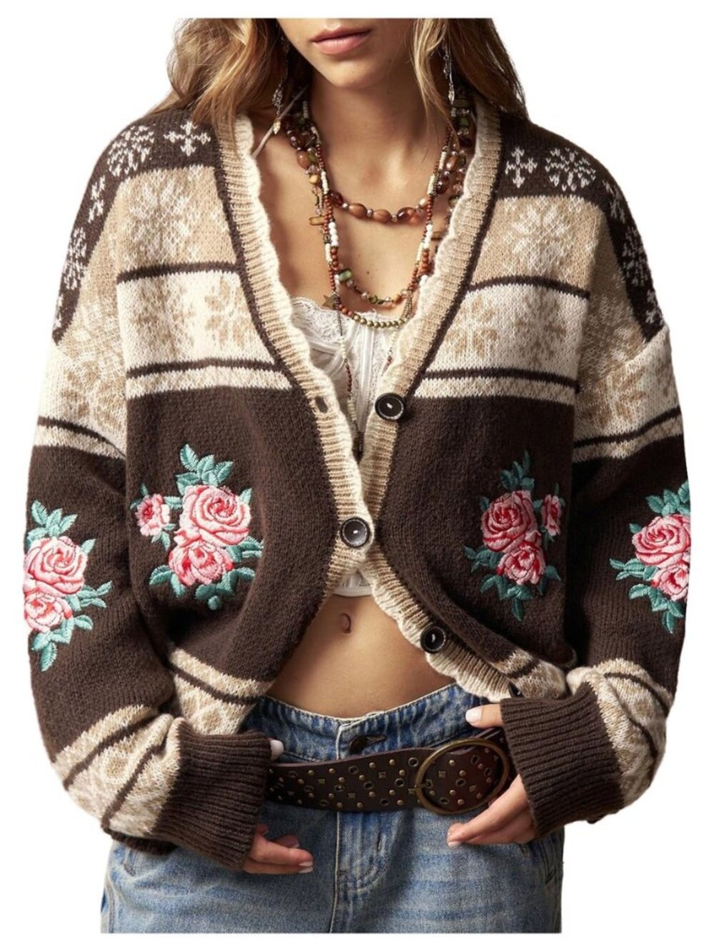 Women's Floral Embroidered Fair Isle Cardigan Button Up V Neck Oversized